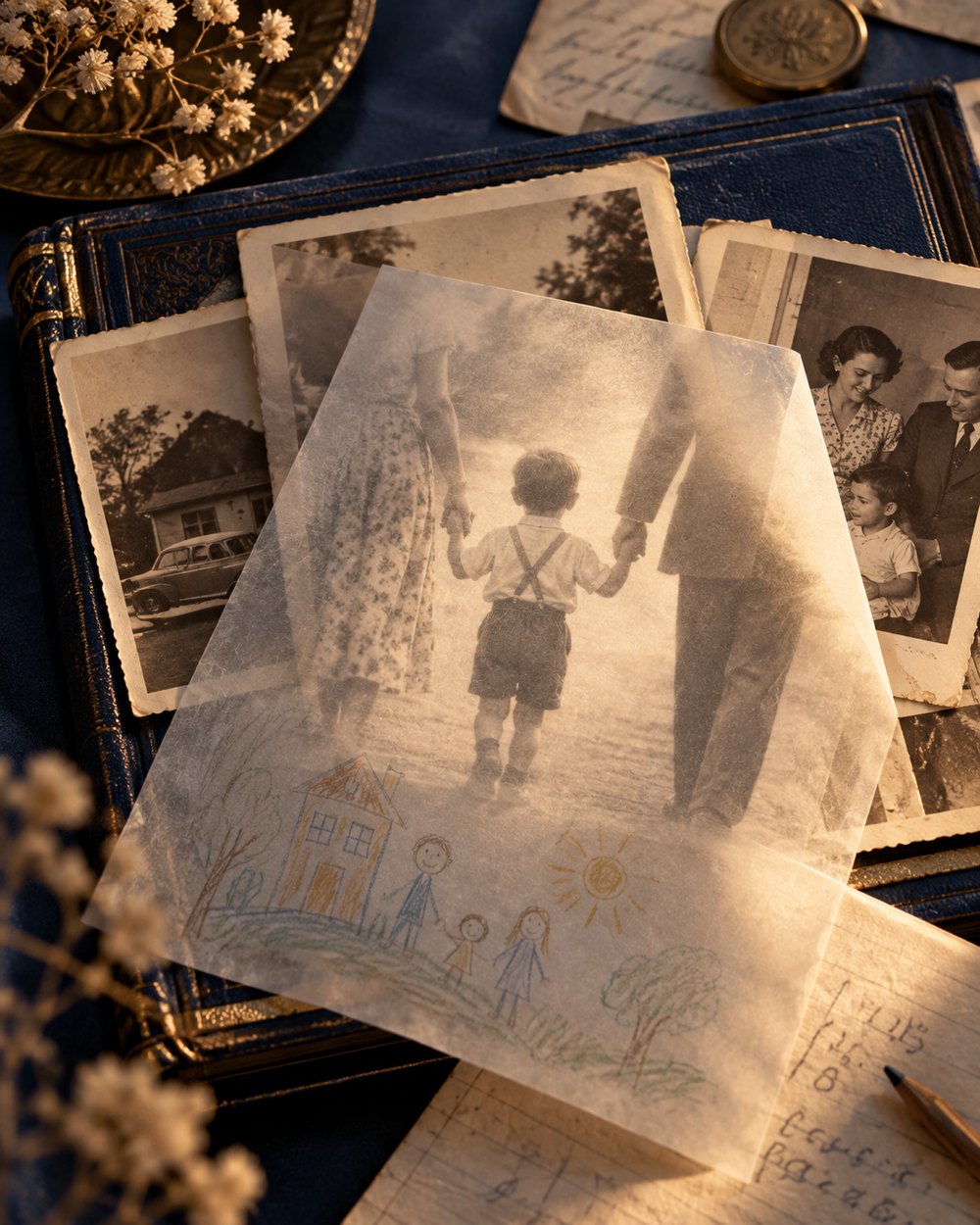 Fotos familiares antiguas y un dibujo infantil de una casa y una familia