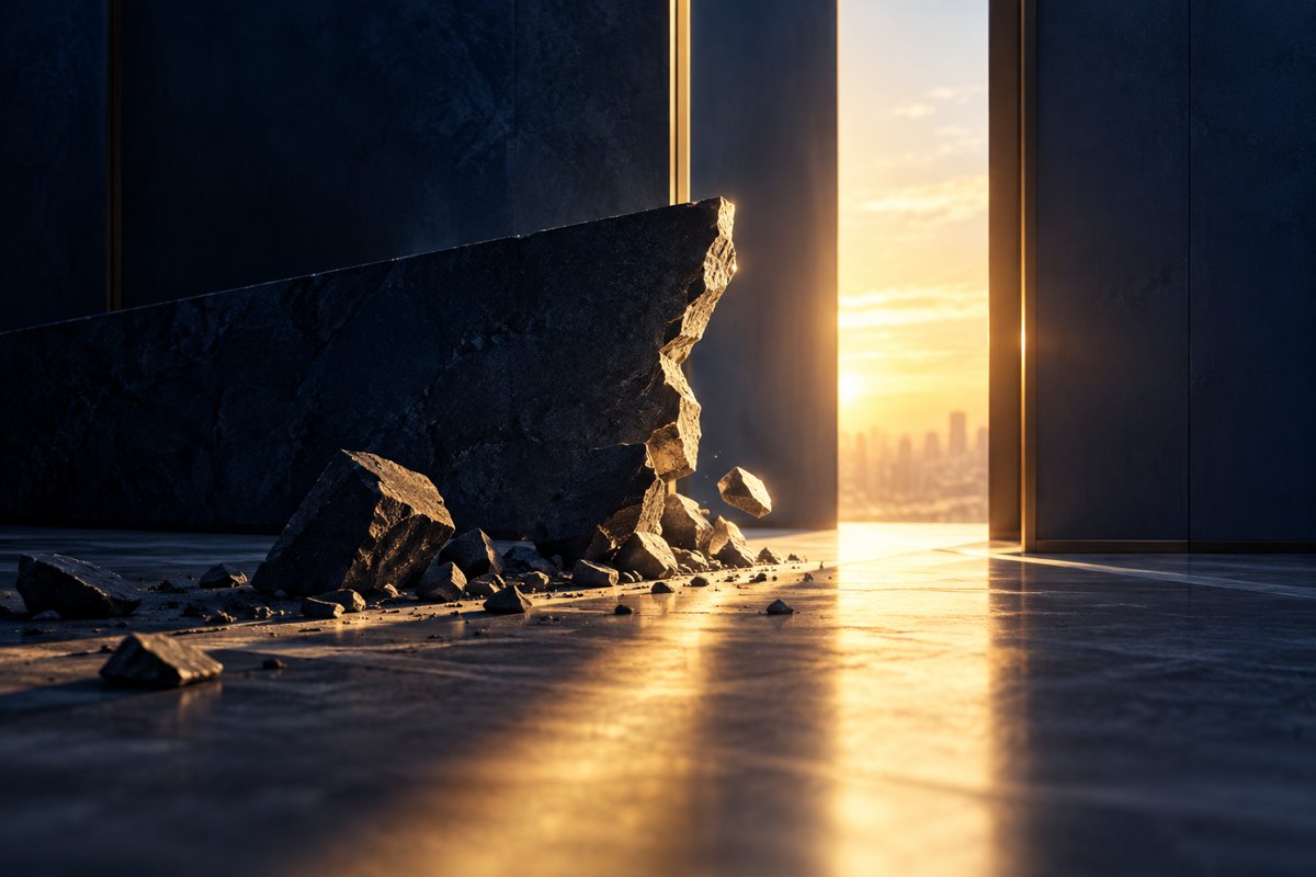 Un muro de piedra que se quiebra frente a una puerta abierta al amanecer